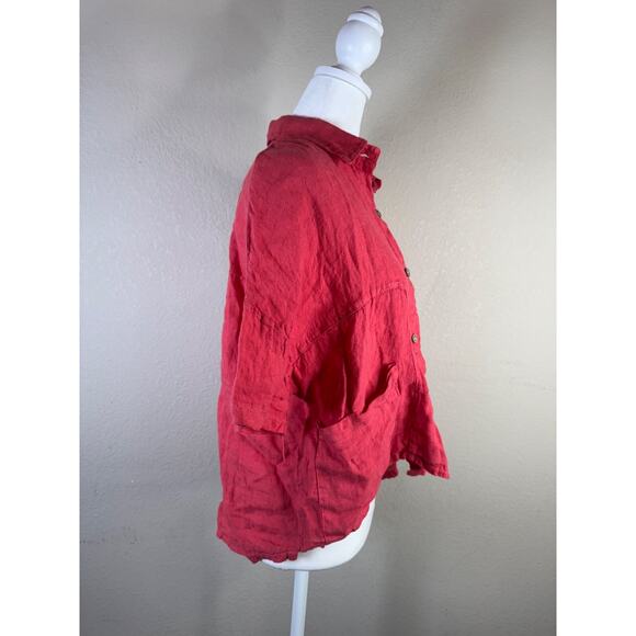 LAURA GOTTI Italian Red 100% Linen Button Down Short Sleeve Shirt S Oversized - Picture 4 of 12